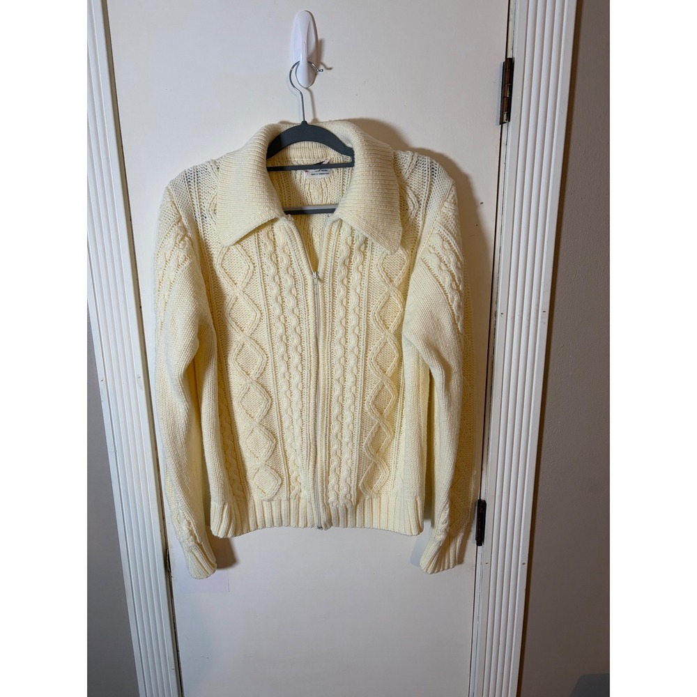 Vintage Richman Brothers Cream Cable Knit Full Zip Cardigan Sweater Mens Large